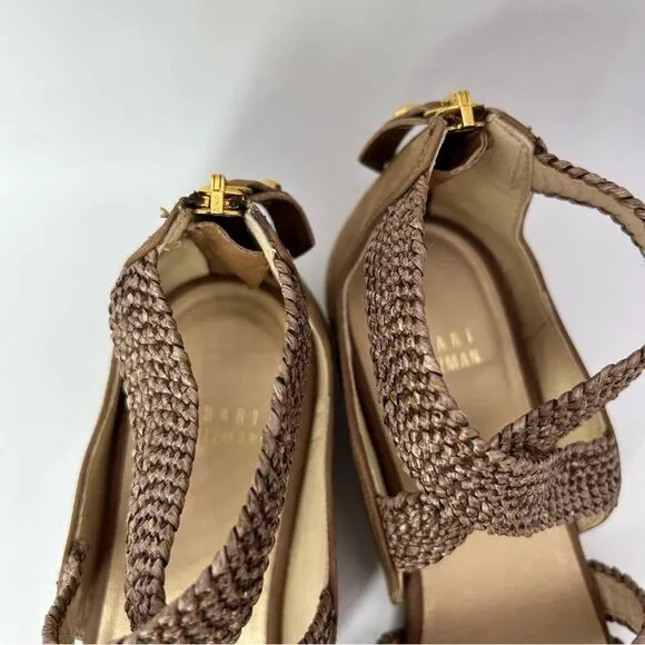 Stuart Weitzman Womans Bounceraf Braided Sandals 7 shoes brown strappy flats