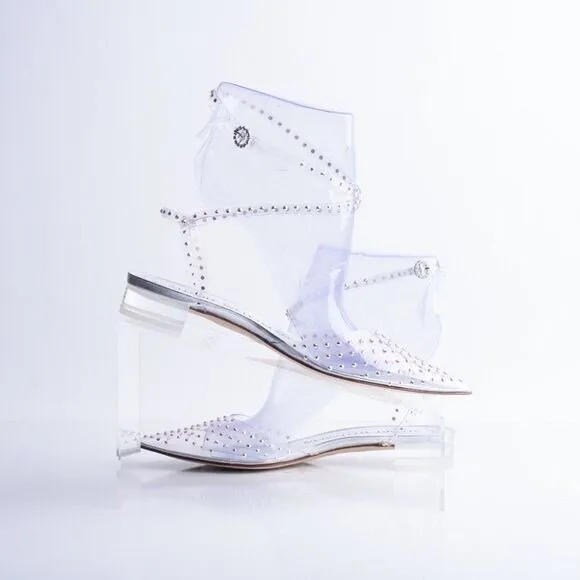 Stuart Weitzman Womens Glam Wrap Clear Flats Swarovski crystals US 6 EU 36.5 New