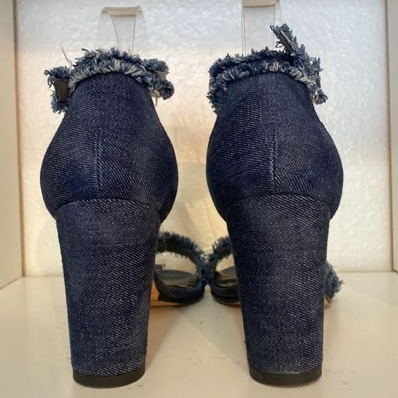Stuart Weitzman Denim Chaingang Heel Open Toe Ankle Strap Sandals
