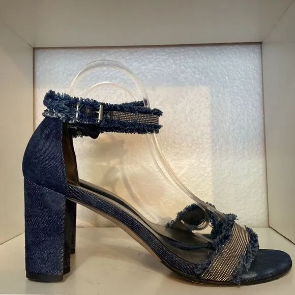 Stuart Weitzman Denim Chaingang Heel Open Toe Ankle Strap Sandals