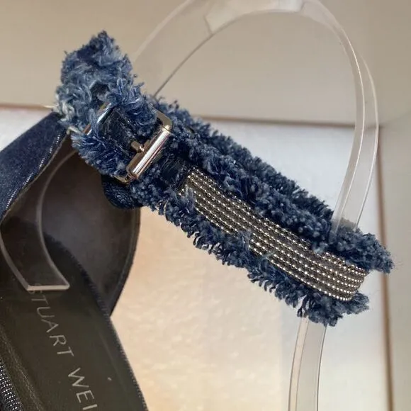 Stuart Weitzman Denim Chaingang Heel Open Toe Ankle Strap Sandals