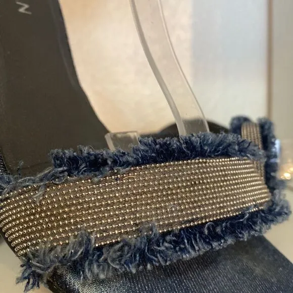 Stuart Weitzman Denim Chaingang Heel Open Toe Ankle Strap Sandals