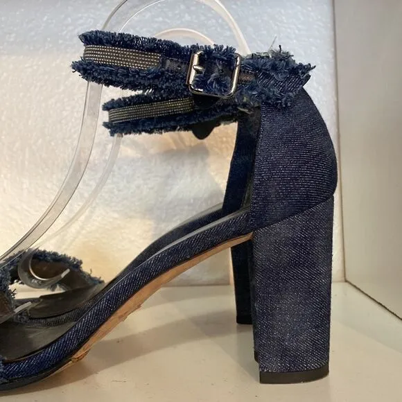 Stuart Weitzman Denim Chaingang Heel Open Toe Ankle Strap Sandals
