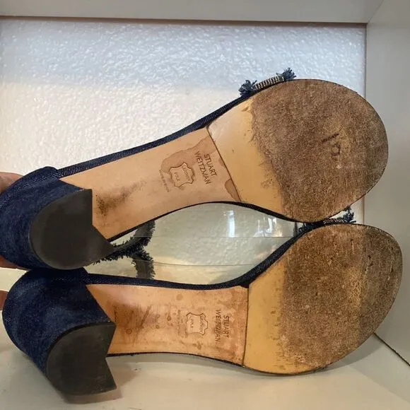 Stuart Weitzman Denim Chaingang Heel Open Toe Ankle Strap Sandals