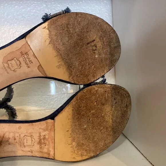 Stuart Weitzman Denim Chaingang Heel Open Toe Ankle Strap Sandals