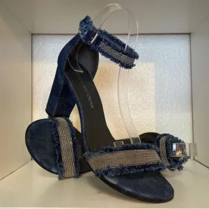 Stuart Weitzman Denim Chaingang Heel Open Toe Ankle Strap Sandals