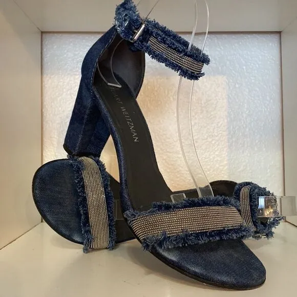 Stuart Weitzman Denim Chaingang Heel Open Toe Ankle Strap Sandals