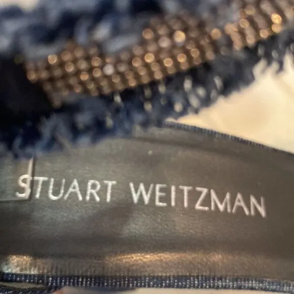 Stuart Weitzman Denim Chaingang Heel Open Toe Ankle Strap Sandals
