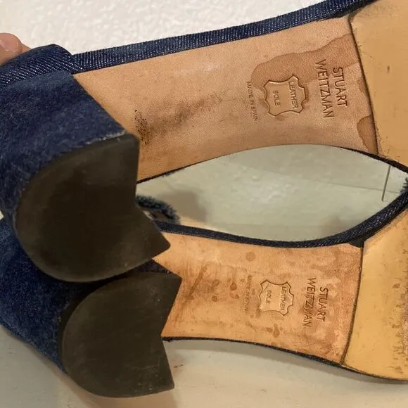 Stuart Weitzman Denim Chaingang Heel Open Toe Ankle Strap Sandals