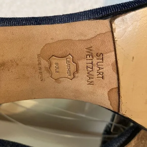 Stuart Weitzman Denim Chaingang Heel Open Toe Ankle Strap Sandals