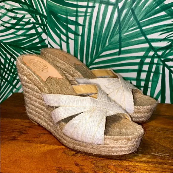 Stubbs Wootton Palm Beach Platform Wedge Espadrilles Cream Canvas Women’s 40/10