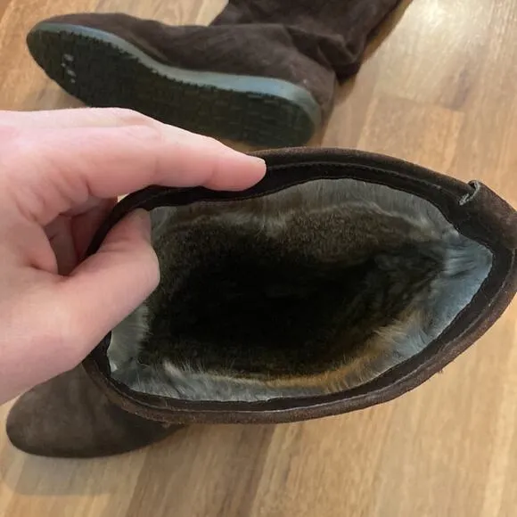 Susan Bennis/Warren Edwards Brown Suede Mid-Calf Flat Boots w/ Fur Lining Sz 9.5