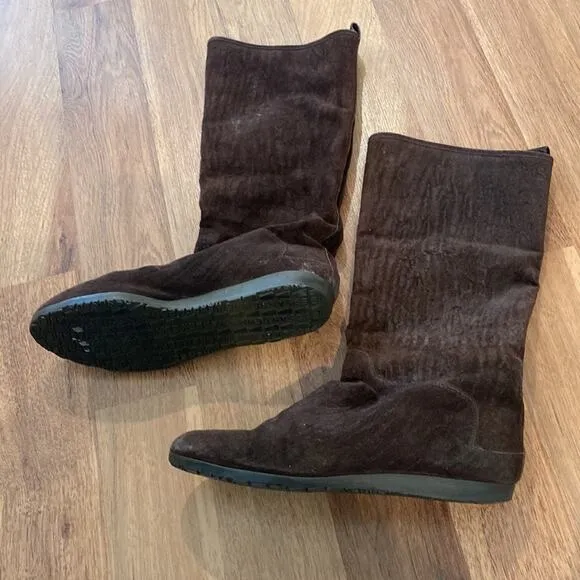 Susan Bennis/Warren Edwards Brown Suede Mid-Calf Flat Boots w/ Fur Lining Sz 9.5