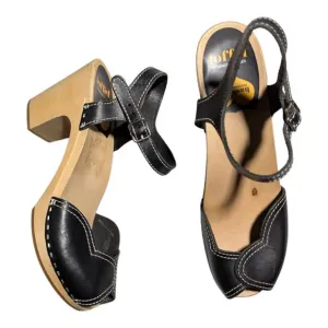 Swedish Hasbeens Black Leather Heart High Wooden Heel Clog Sandals EU 41 US 11