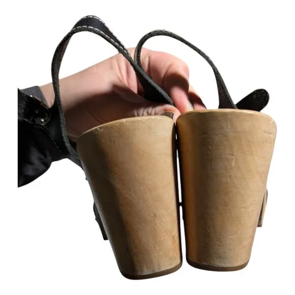 Swedish Hasbeens Black Leather Heart High Wooden Heel Clog Sandals EU 41 US 11