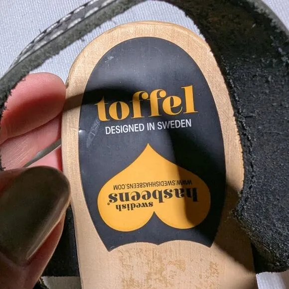 Swedish Hasbeens Black Leather Heart High Wooden Heel Clog Sandals EU 41 US 11
