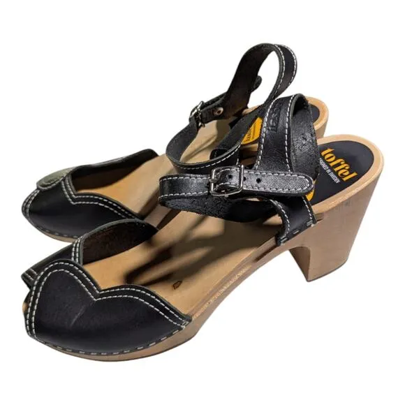 Swedish Hasbeens Black Leather Heart High Wooden Heel Clog Sandals EU 41 US 11