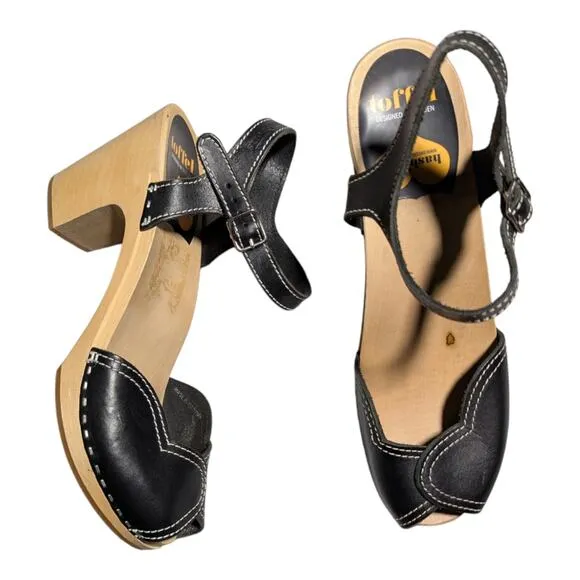 Swedish Hasbeens Black Leather Heart High Wooden Heel Clog Sandals EU 41 US 11