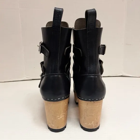 Swedish Hasbeens Buckle Leather Clog Boots in Black