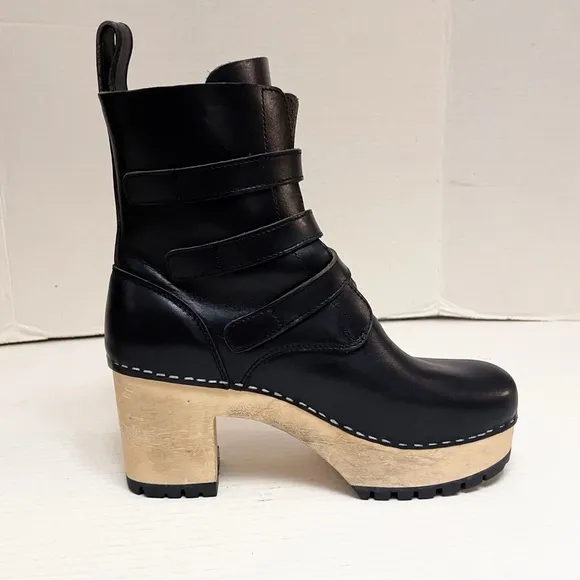 Swedish Hasbeens Buckle Leather Clog Boots in Black