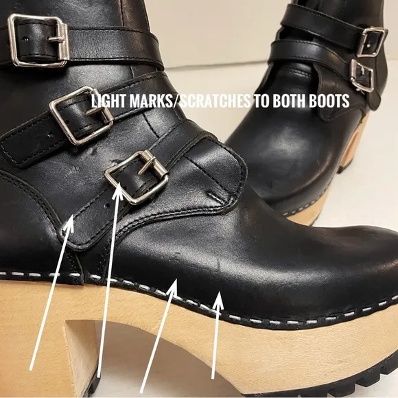 Swedish Hasbeens Buckle Leather Clog Boots in Black