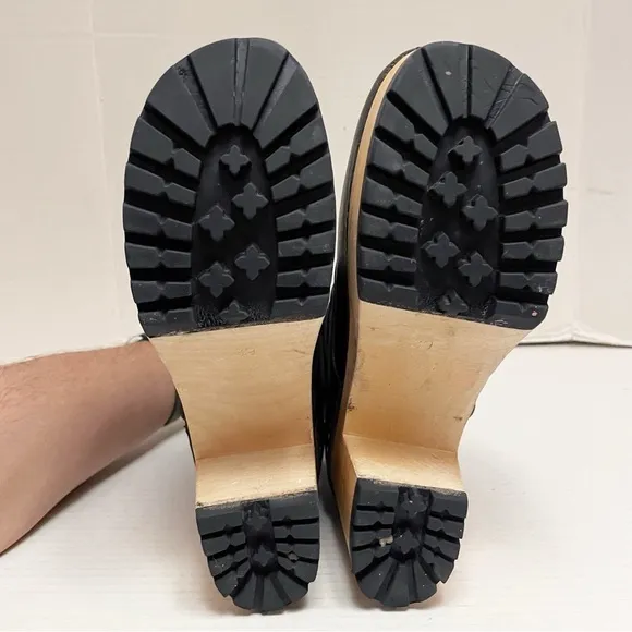 Swedish Hasbeens Buckle Leather Clog Boots in Black