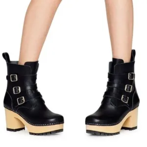 Swedish Hasbeens Buckle Leather Clog Boots in Black