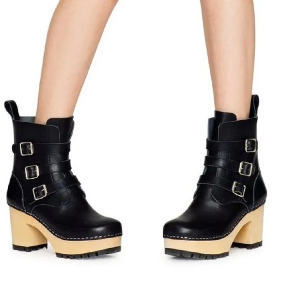 Swedish Hasbeens Buckle Leather Clog Boots in Black