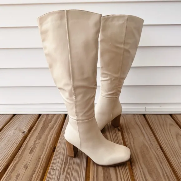 Sz 8 Coutgo Knee High Faux Suede Chunky Heel Square Toe Boots In Cream GUC