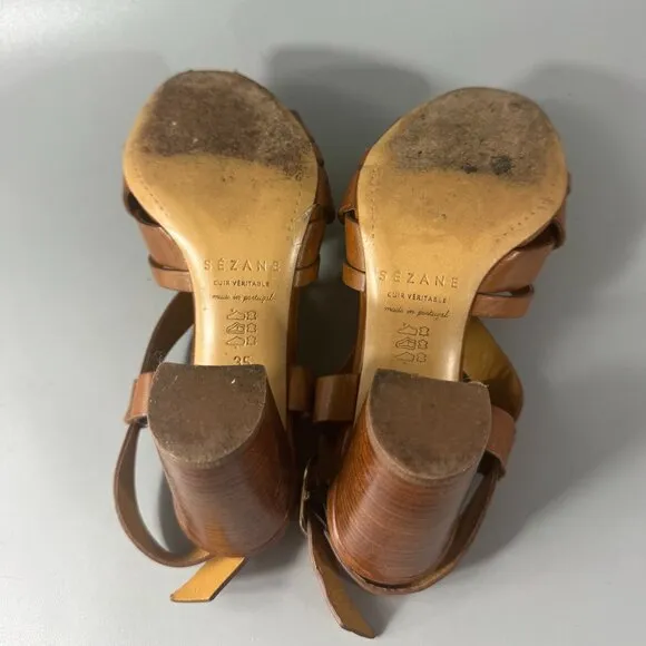 Sézane British Tan Leather Slingback Sandals, Size 35