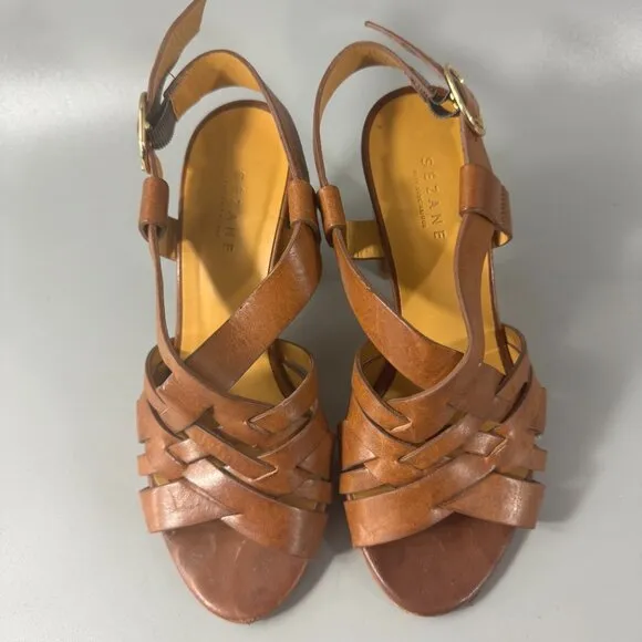 Sézane British Tan Leather Slingback Sandals, Size 35