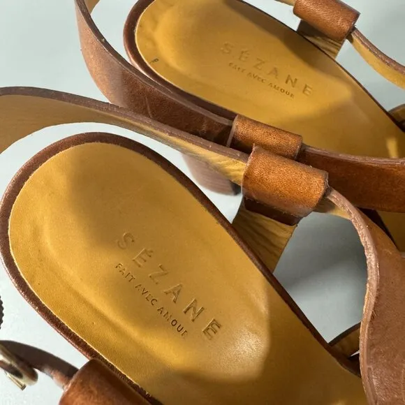 Sézane British Tan Leather Slingback Sandals, Size 35