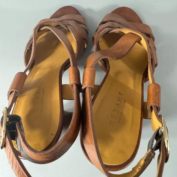 Sézane British Tan Leather Slingback Sandals, Size 35
