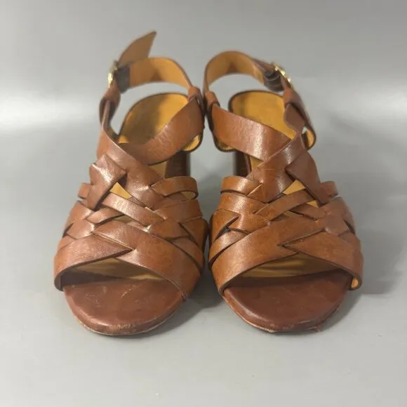 Sézane British Tan Leather Slingback Sandals, Size 35