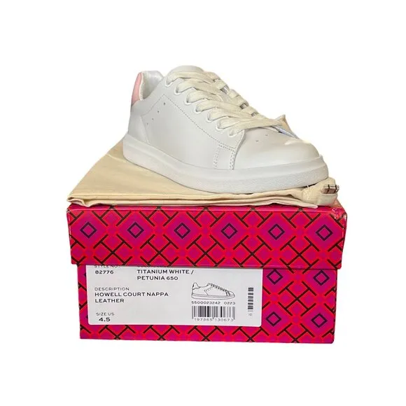 T-1. Tory Burch Nappa Leather Howell Court Sneakers White Petunia US 4.5