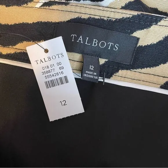 Talbots Tiger Zebra Animal Print Canvas A Line Skirt Black Tan Neutral 12 new