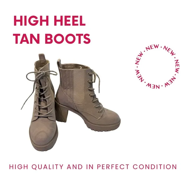 Tan Chunky Heeled Lace-Up Boots