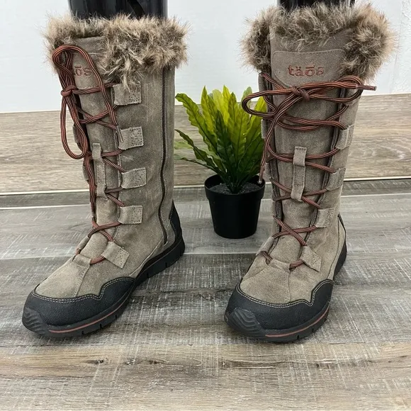TAOS Brown Suede Leather Mid Calf Boots Faux Inside Fur women’s size 6