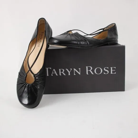 Taryn Rose $400 Bijou Nappa Sz 39.5 Black Strappy Leather Flats