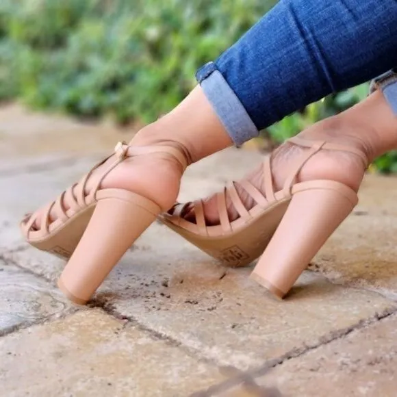 Taupe Strappy Open Toe Chunky Heel Sandals