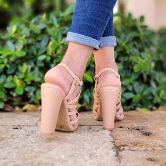 Taupe Strappy Open Toe Chunky Heel Sandals