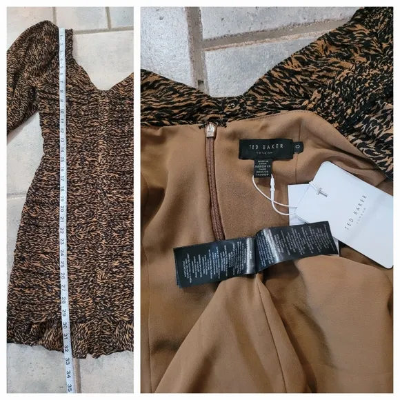 Ted Baker Bodycon Long Sleeve Smocked Animal Print Sweatheart neckline Mini Dres