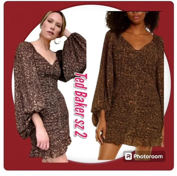 Ted Baker Bodycon Long Sleeve Smocked Animal Print Sweatheart neckline Mini Dres