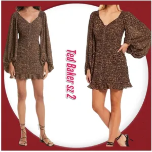 Ted Baker Bodycon Long Sleeve Smocked Animal Print Sweatheart neckline Mini Dres