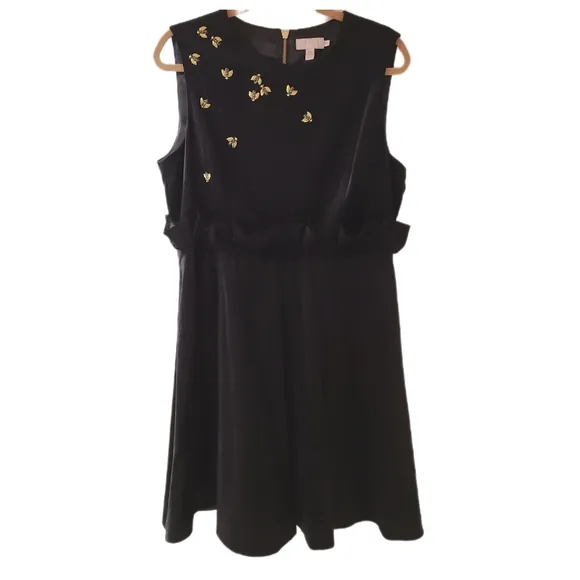 TED BAKER NWOT Fit &amp; Flare BLK Velvet Gold Beaded Bee Ruffle Detail Dress 6/XL