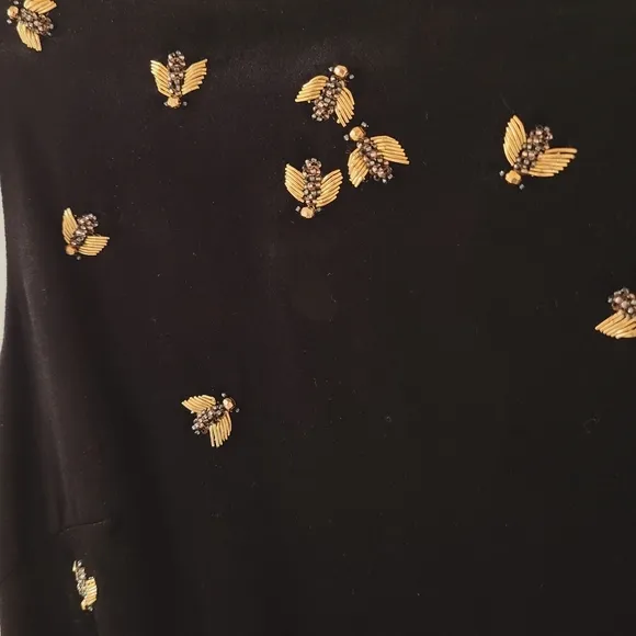 TED BAKER NWOT Fit &amp; Flare BLK Velvet Gold Beaded Bee Ruffle Detail Dress 6/XL