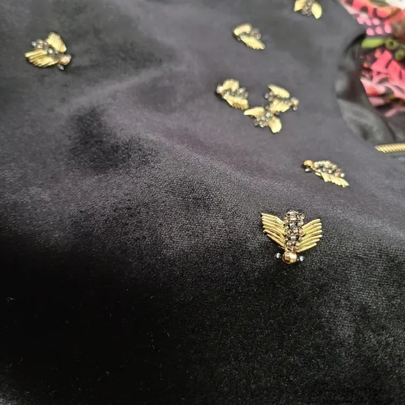 TED BAKER NWOT Fit &amp; Flare BLK Velvet Gold Beaded Bee Ruffle Detail Dress 6/XL
