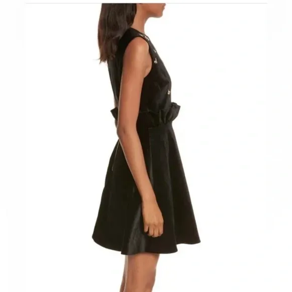 TED BAKER NWOT Fit &amp; Flare BLK Velvet Gold Beaded Bee Ruffle Detail Dress 6/XL