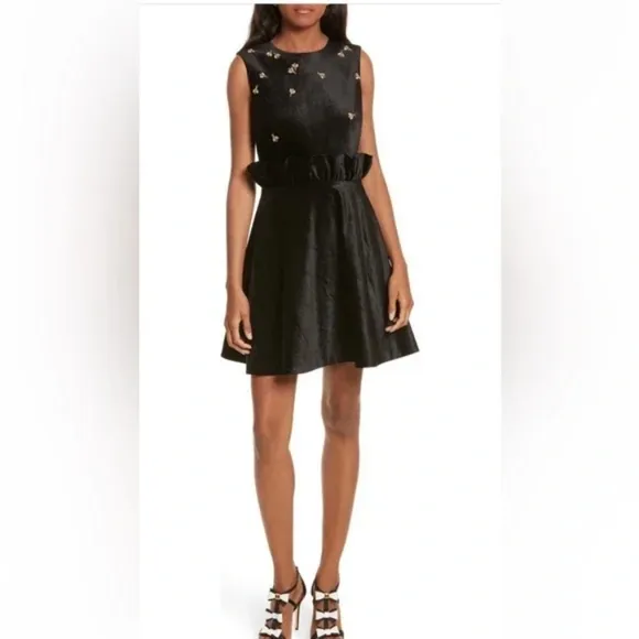 TED BAKER NWOT Fit &amp; Flare BLK Velvet Gold Beaded Bee Ruffle Detail Dress 6/XL