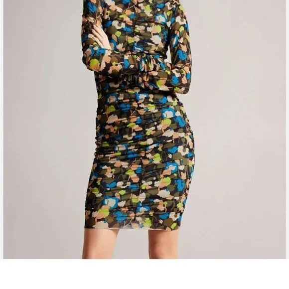 TED BAKER NWT Tina Ruched Front Long Sleeve Minidress Colorful Size 8-10